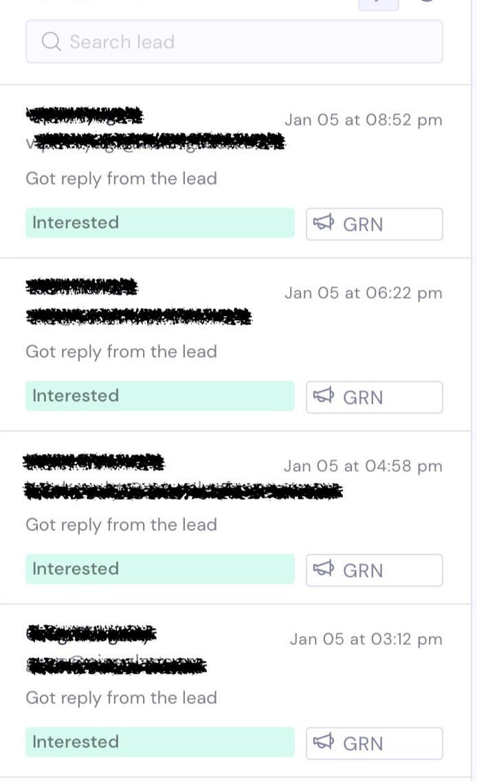Sending platform inbox showing four replies tagged Interested on the same afternoon