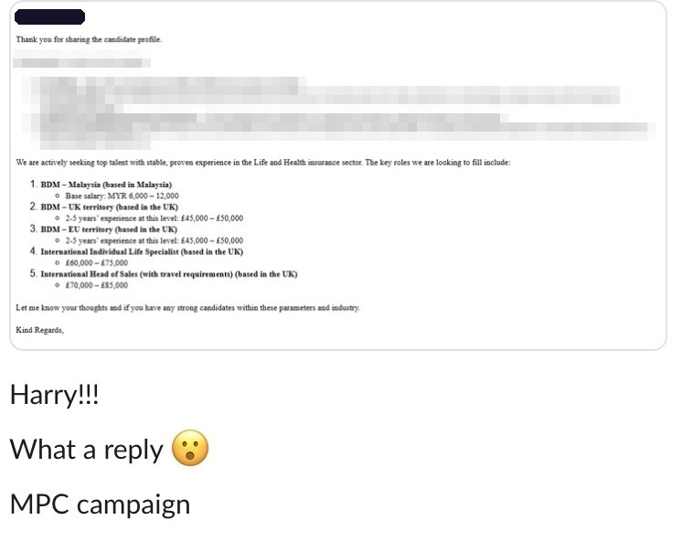 Employer reply to a candidate-led email listing five open roles with salary bands, candidate details pixelated