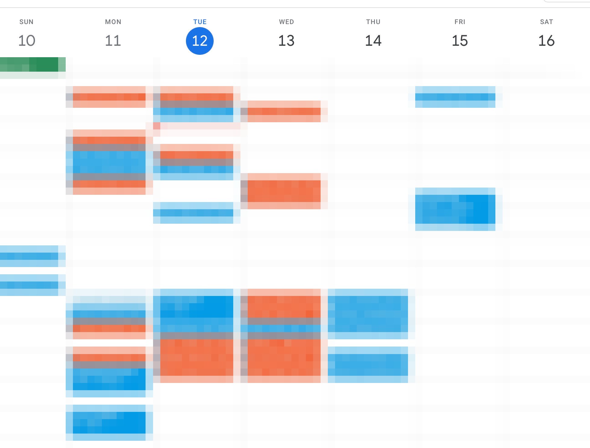 A week of a Google Calendar packed with booked sales calls, names pixelated
