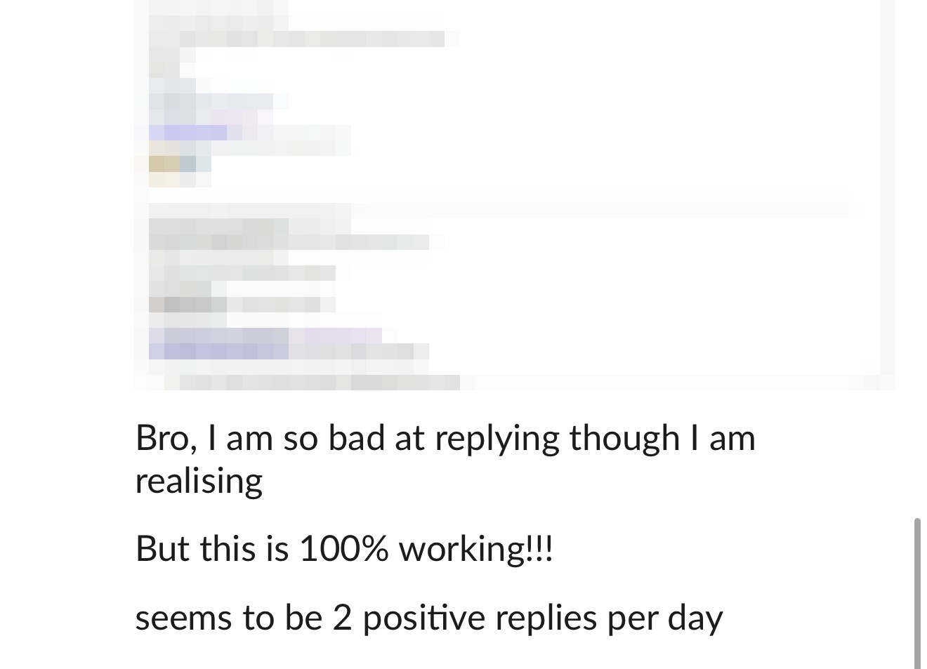 Slack message under a blurred hiring-manager email thread: this is 100% working, 2 positive replies per day