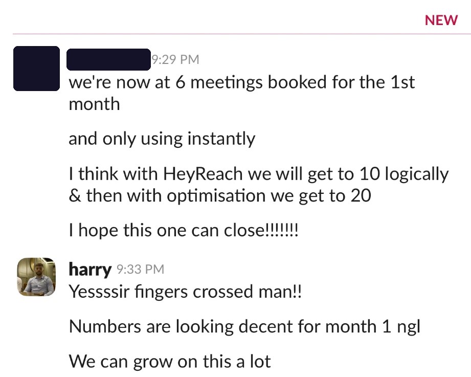 Slack message: we are now at 6 meetings booked for the first month, only using Instantly