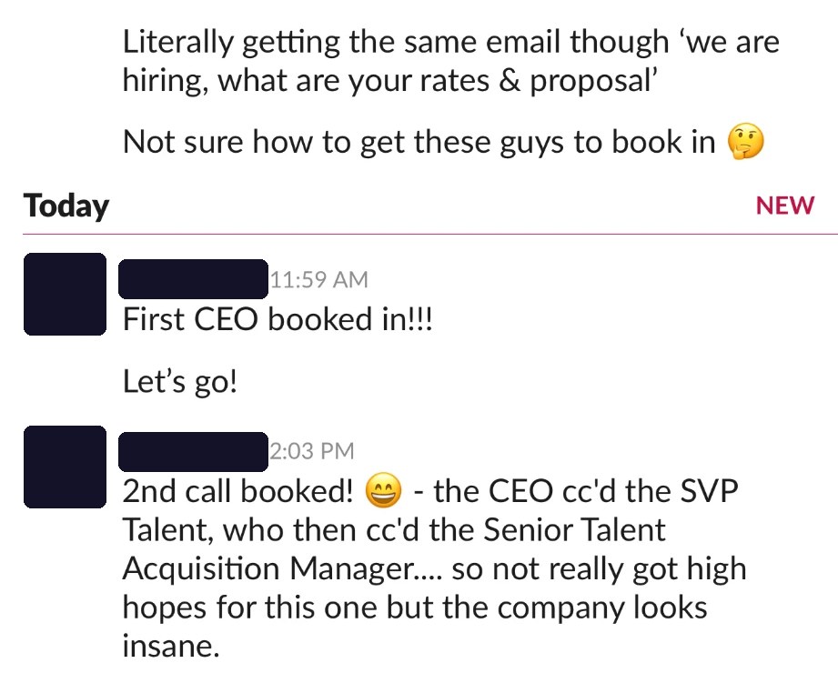 Slack messages: first CEO booked in, then second call booked