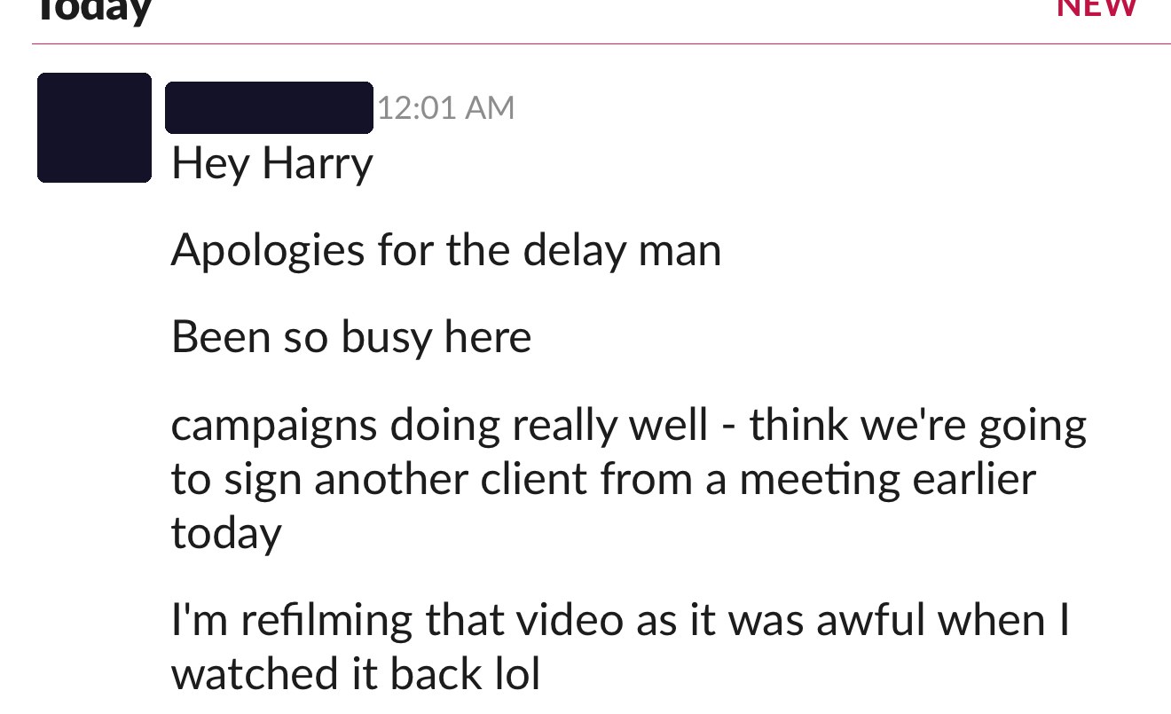Slack message: campaigns doing really well, think we are going to sign another client