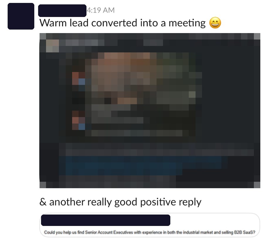 Slack message: warm lead converted into a meeting, and a reply asking for help finding Senior Account Executives