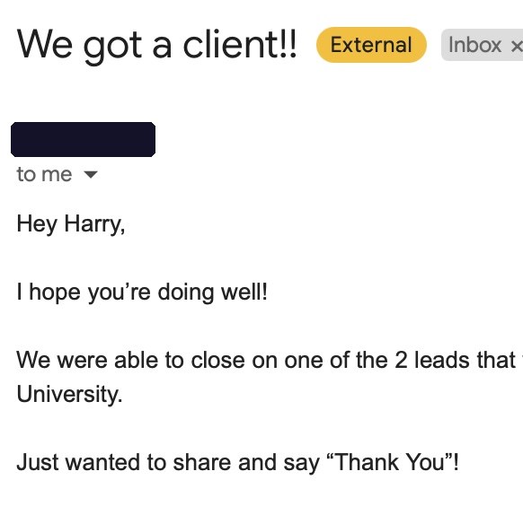 Client email titled We got a client, closed one of the 2 leads, thank you