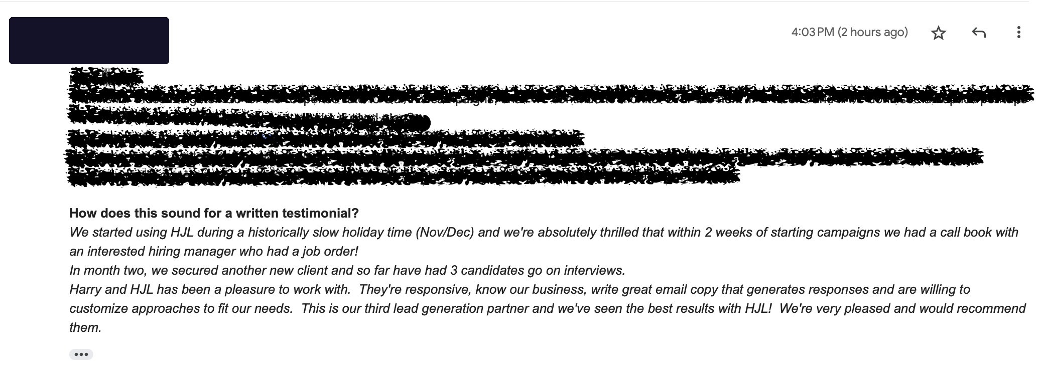 Email with a written testimonial from an agency owner