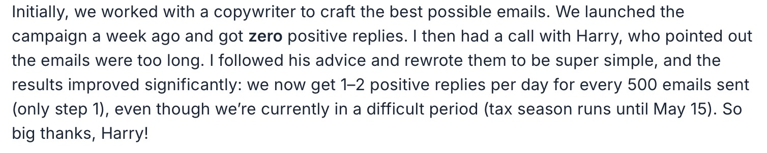 Client message: zero positive replies, then 1 to 2 positive replies per day for every 500 emails sent after rewriting the emails